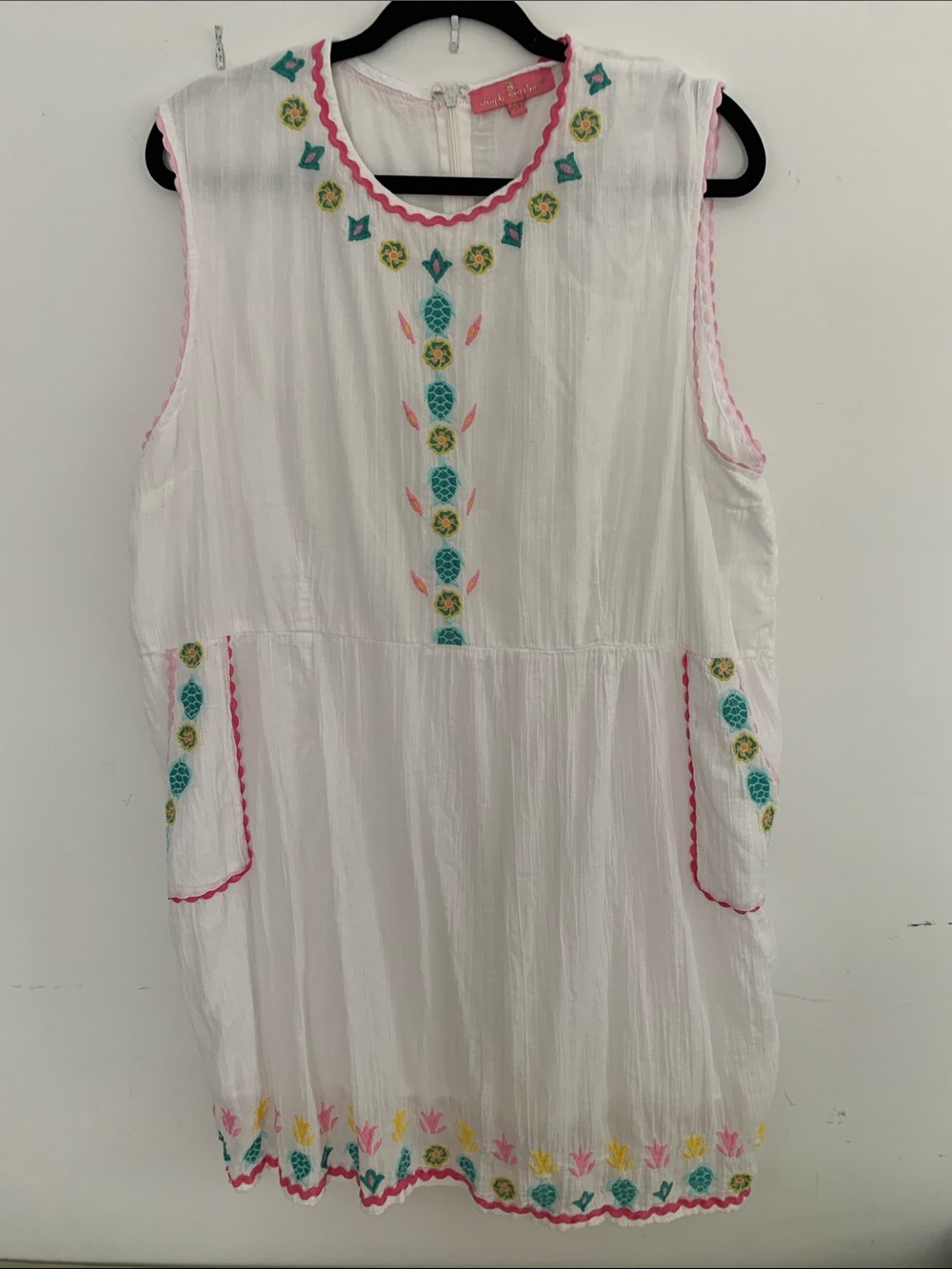 Simply Southern White Sleeveless Dress Pink Trim Teal Embroidery Size XXL